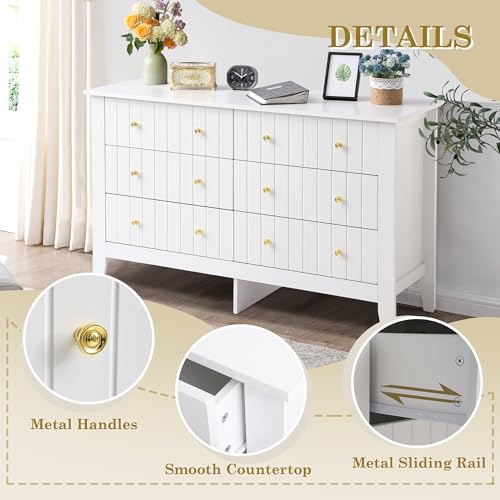 White 6 Drawer Wood Dresser with Metal Handle Y650