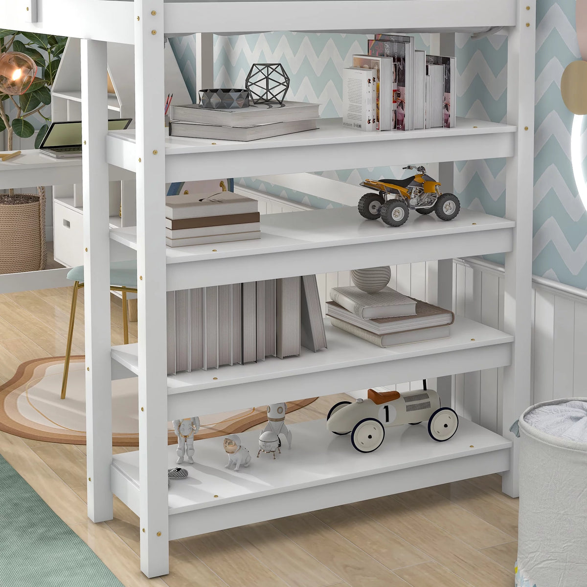 White Twin Loft Bed with Desk, Ladder, Shelves M7200