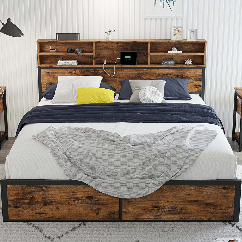 Full Bed Frame with Bookcase Headboard and Charging Station O691283