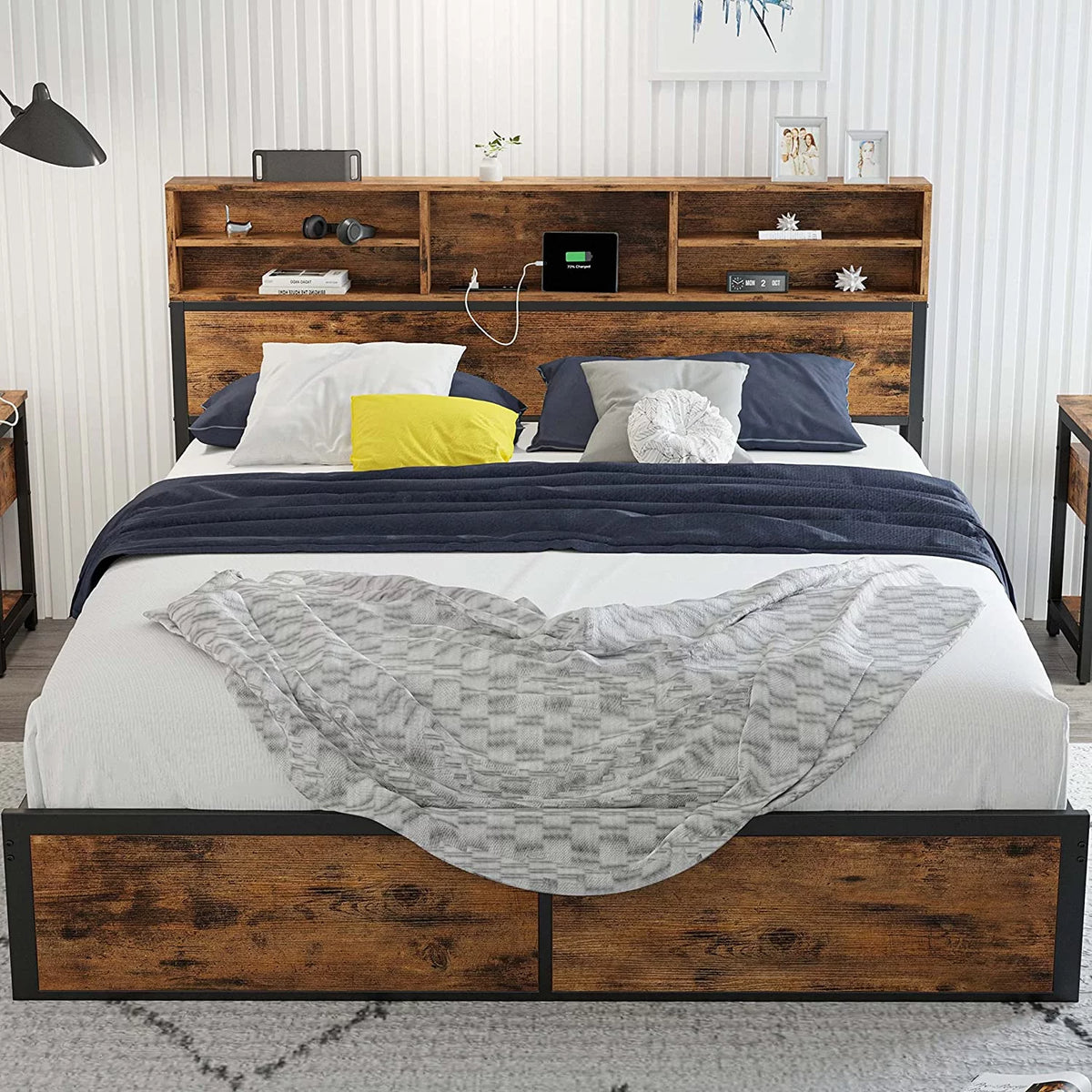 Full Bed Frame with Bookcase Headboard and Charging Station O691283