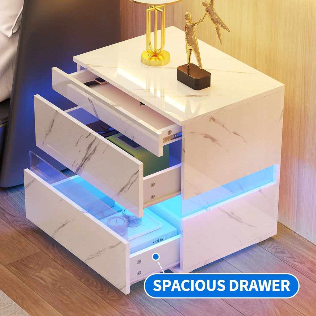 High Gloss LED Nightstand with 3 Drawers T24171