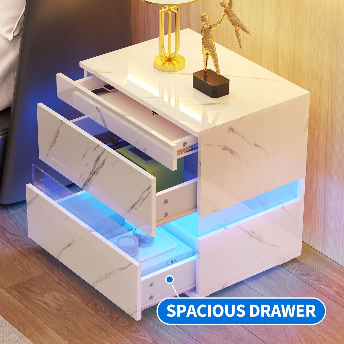 High Gloss LED Nightstand with 3 Drawers T24171