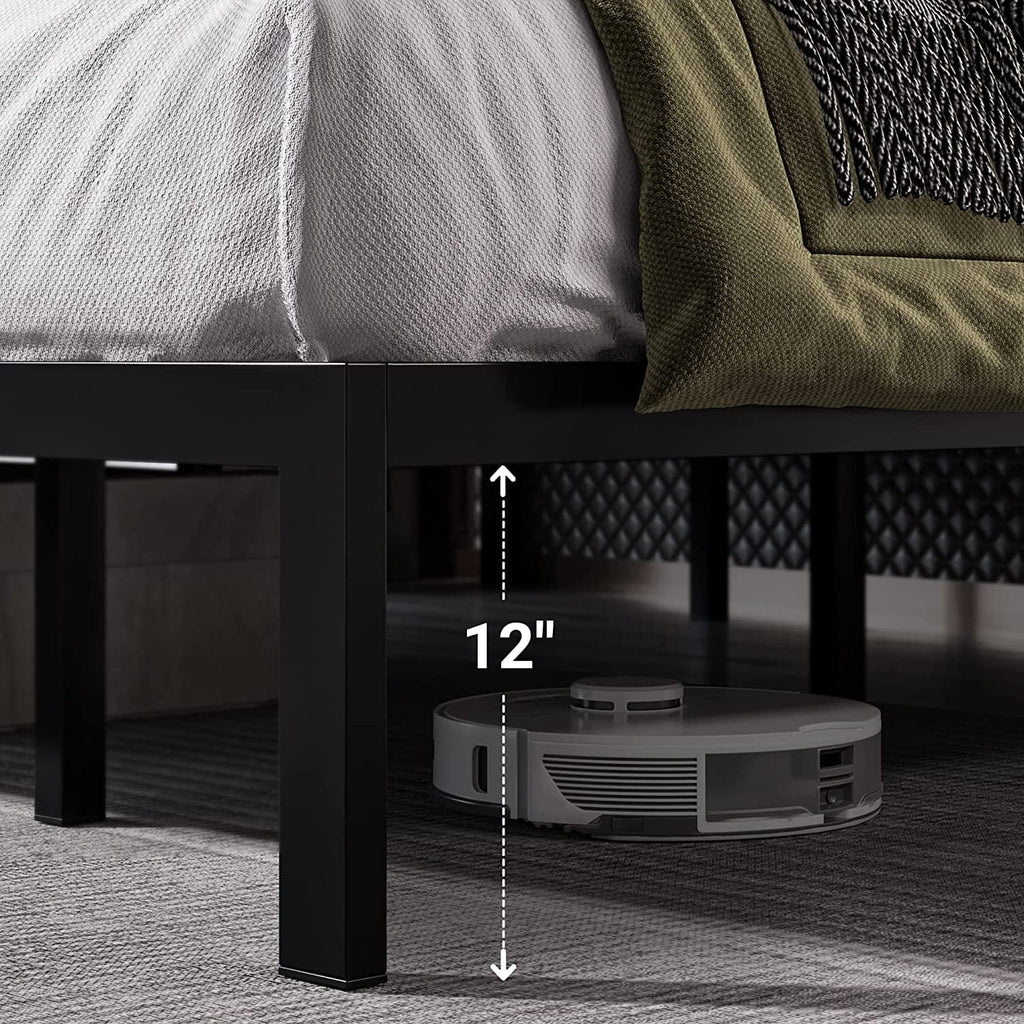 Queen Size Grey Metal Platform Bed Frame with Upholstered Headboard V59501