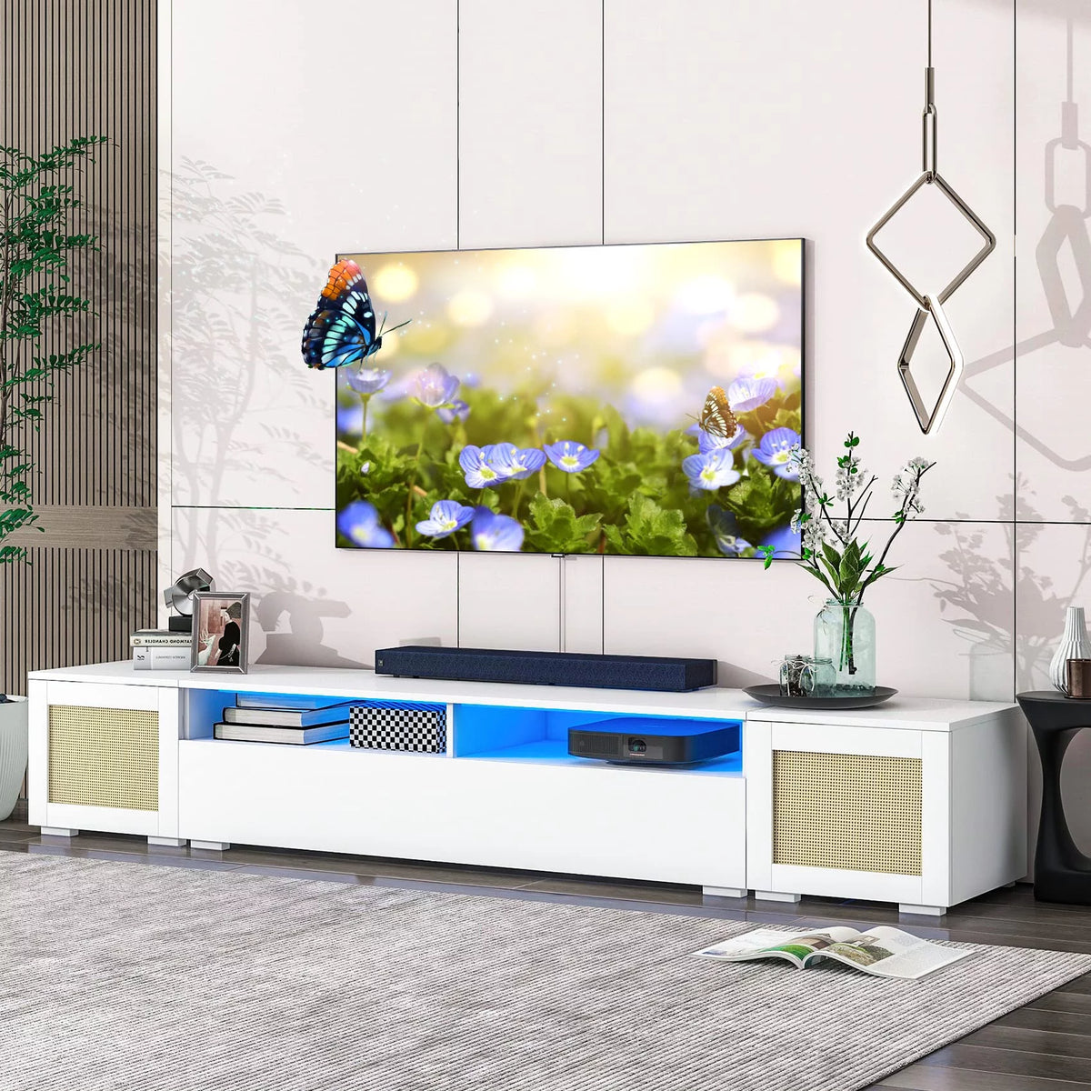White 90 Inch TV Stand with LED Lights V809759