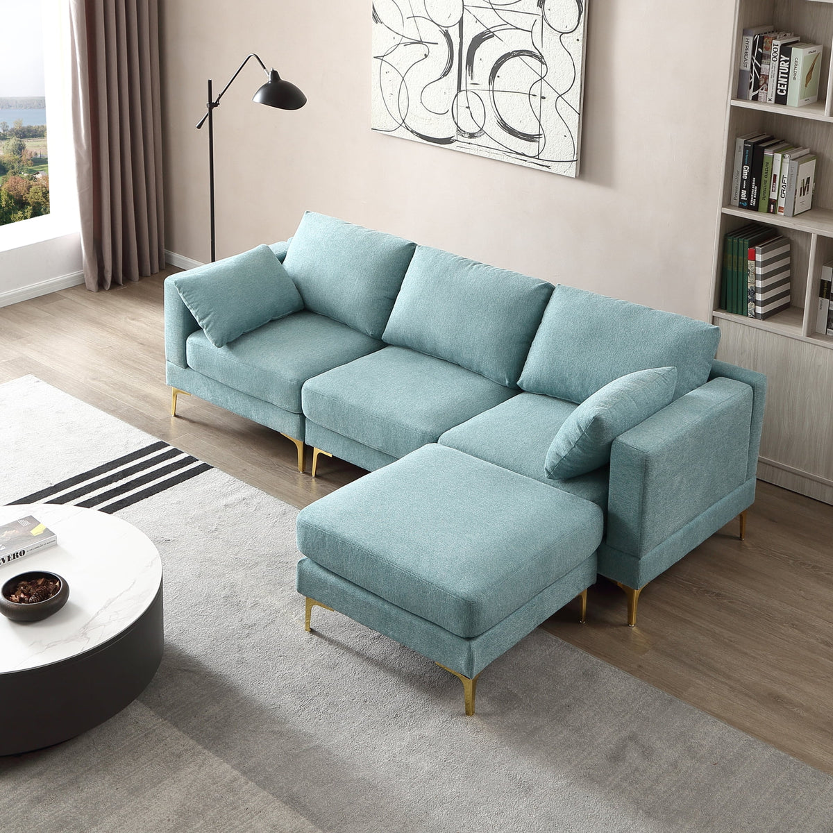 L Shape Turquoise Fabric Couch X28850