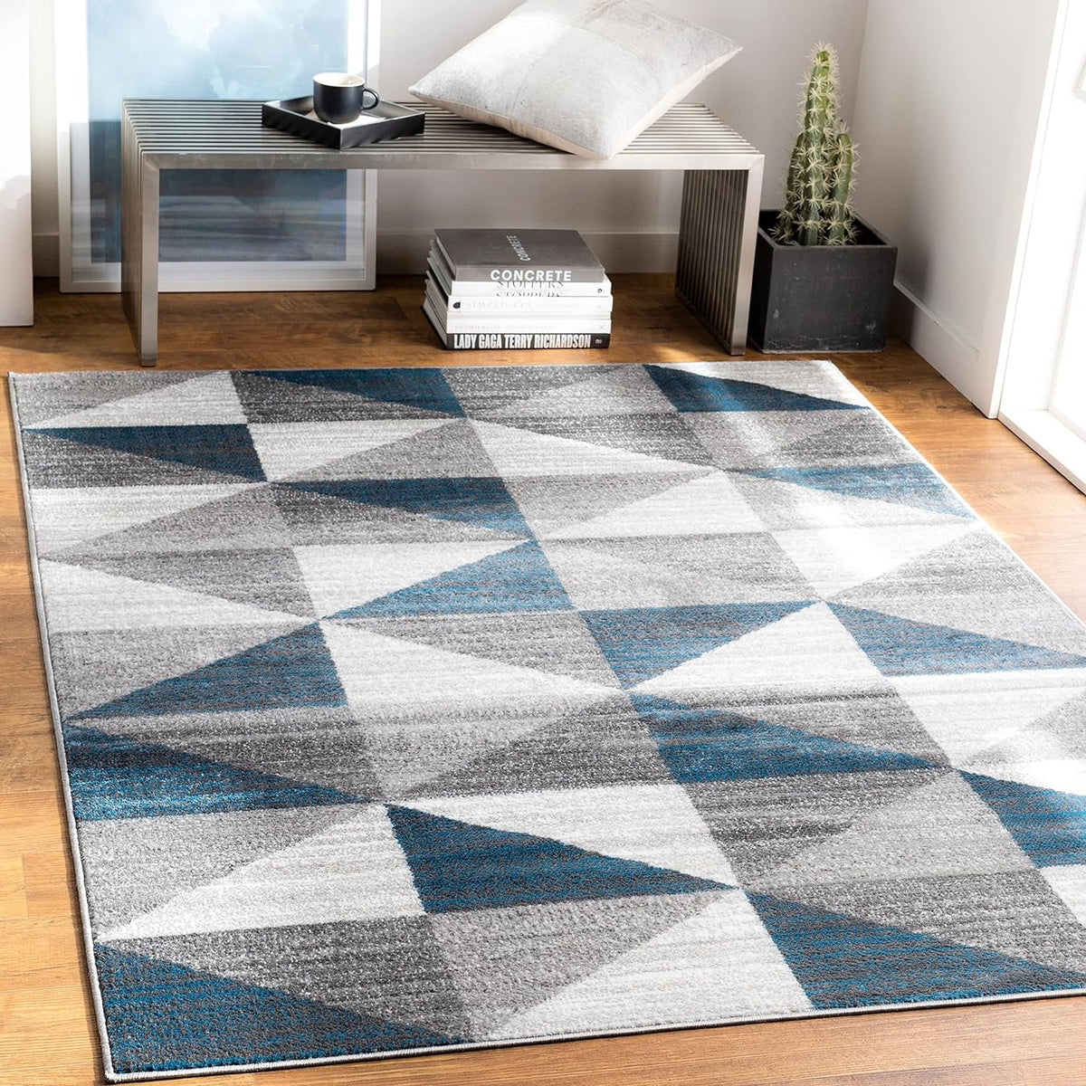 Sky Blue Navy Grey White Square Area Rug Z765889