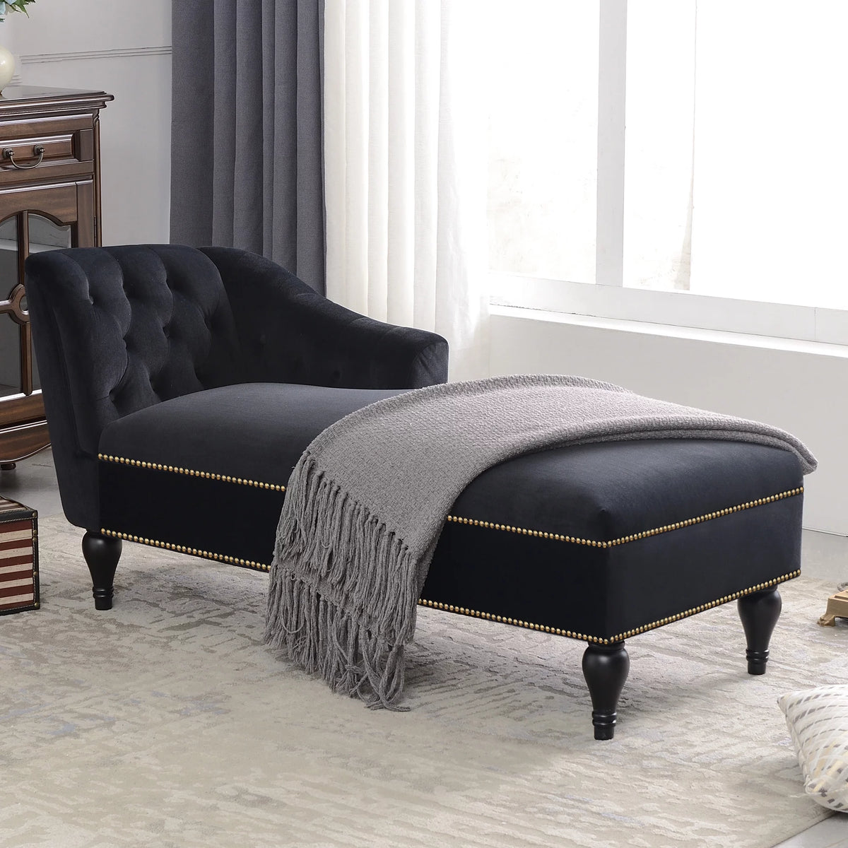 Black Tufted Upholstered Chaise Lounge Z7593