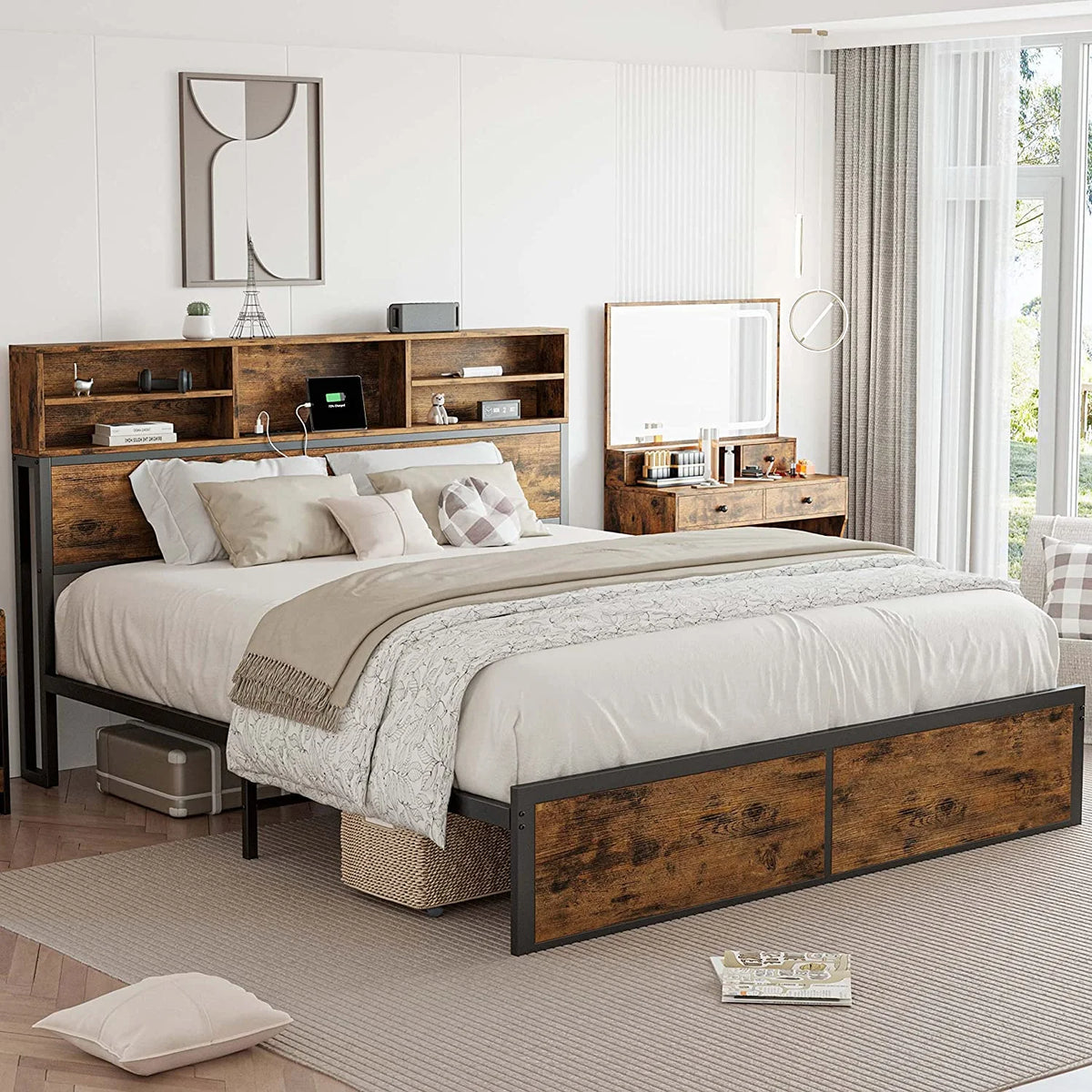 Full Bed Frame with Bookcase Headboard and Charging Station O691283
