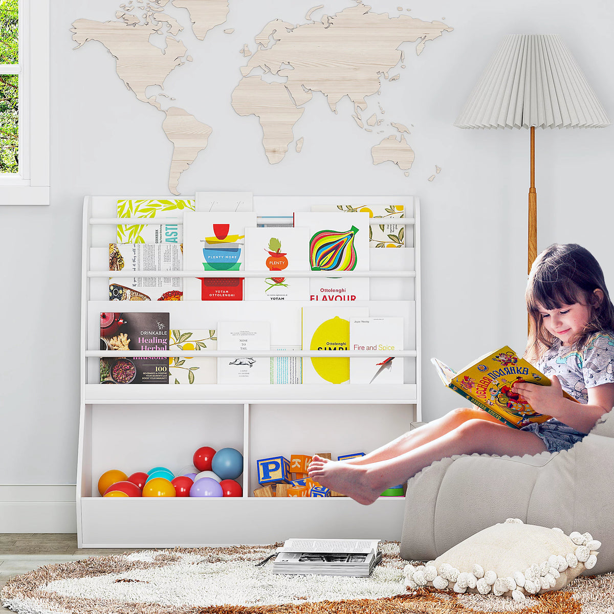 White Wooden Kids Bookshelf and Toy Storage Cabinet O502858
