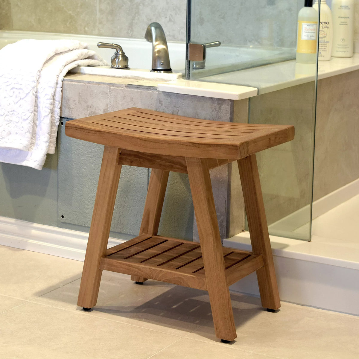 Solid Teak Fully Assembled Shower Bath Spa Stool Side Table O42350