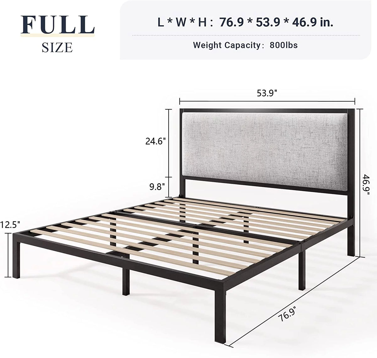 Queen Size Grey Metal Platform Bed Frame with Upholstered Headboard V59501