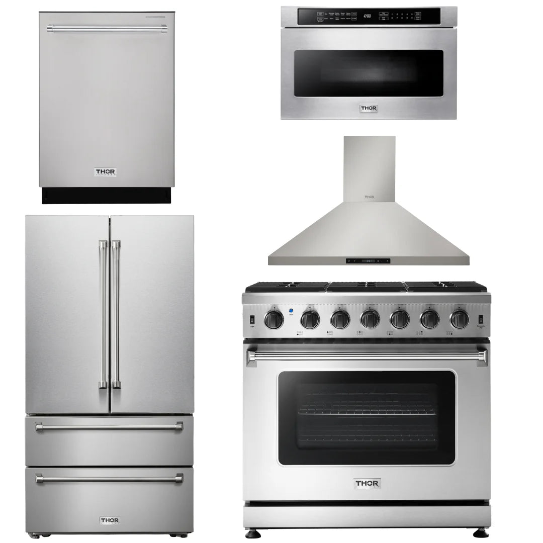 36 Propane Gas Range, Range Hood, Microwave, Refrigerator, Dishwasher N87774