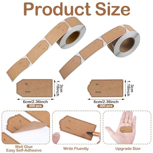 600 Pcs Natural Brown Kraft to and from Gift Tag Stickers J254