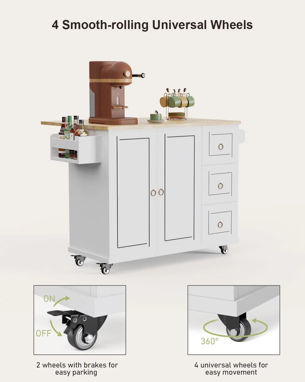 White Kitchen Cart on Wheels with Storage F189