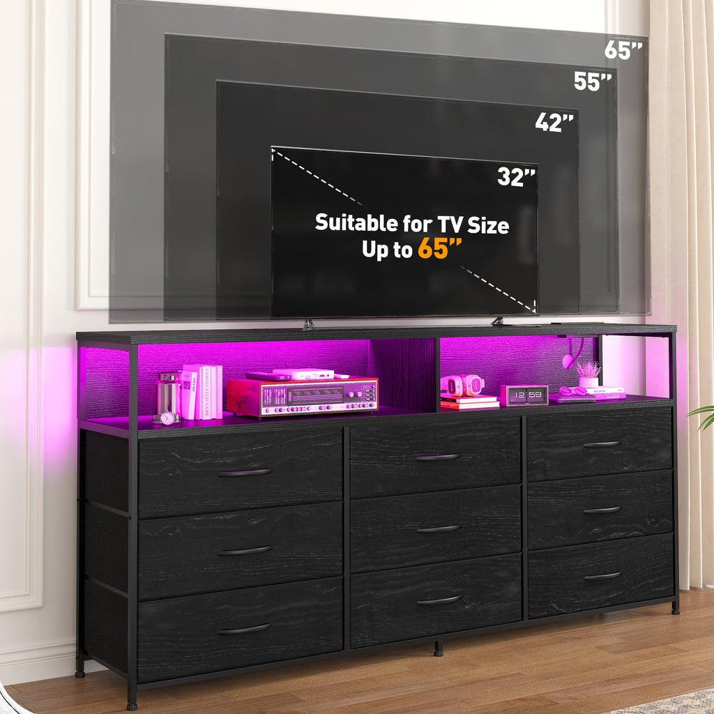 Black Dresser TV Stand with 9 Fabric Drawers & Power Outlet I6608