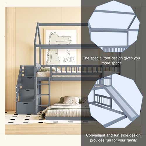 Twin Over Full Bunk Bed with Stairs and Slide, Gray M29973