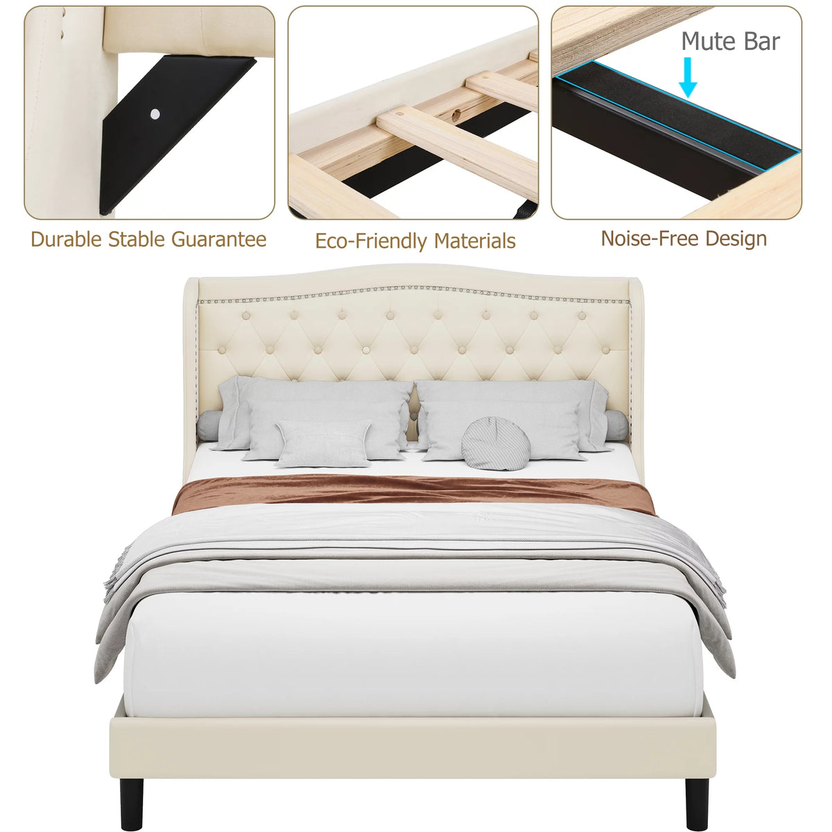 King Bed Frame with Wing-Back Button Tufted Upholstered Headboard A18508