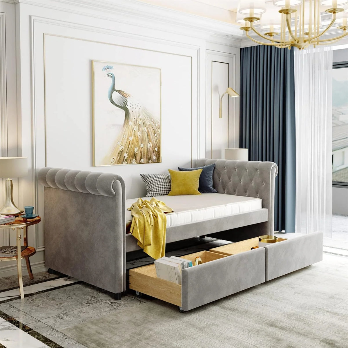 Grey Upholstered Daybed with Storage Drawers M504