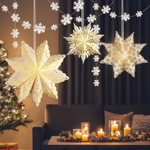 3Pcs Christmas Paper Snowflake Lanterns with Lights & Banner K245109