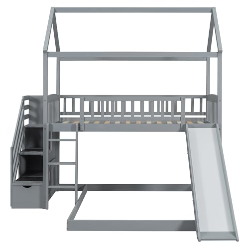 Twin Over Full Bunk Bed with Stairs and Slide, Gray M29973